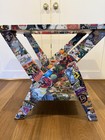 Beer Label And Sticker Art Collage Hand Crafted Side Table Great For Man Cave