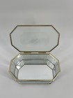 Vintage Glass Jewelry Trinket Box Gold Tone Etched Floral Hinged Lid Octagon