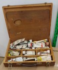 Vintage Lafayette Wood Artist Painters Box W  Palette   22 Acrylic Paint Tubes