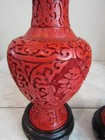 Vintage Red Century Chinese Carved Cinnabar Lacquer Vases And Stands  3 