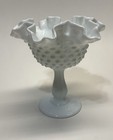 Fenton White Hobnail Milk Glass Pedestal Compote Ruffled Candy Nut Dish