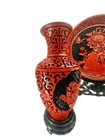 Vintage Chinese Cinnabar Vase   Plate Set W  Boxes     Prc Hand-carved Art