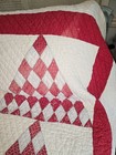 Vintage 1930s 40s Red White Hand Quilted Patchwork Quilt 73x76 Christmas Pyramid