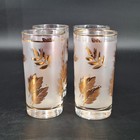 Vintage Mcm Set Of 4 Frosted Highball Barware Glasses With Gold Leaves 5 5    Tall
