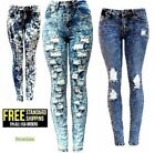 Womens Acid Wash Blue Denim Jeans Destroy Skinny Ripped Distressed High Waisted