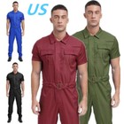 Mens Dustproof Dungarees Coverall Jumpsuit Short Sleeve Overalls With Belt