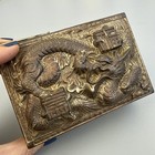 Antique Asian Chinese Dragon Silver Tone Metal   Wood Hinged Trinket Box Japan