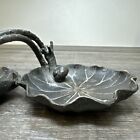 Amazing Antique Signed Bronze Lotus Leaf Trinket Dish Ashtray With Snail