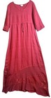 Vtg 90s Y2k Stamp Maxi Dress Long Sleeve Travel Lagenlook Maroon Cottagecore M