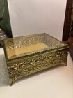 Vintage Gold-plated Filigree Ormolu Jewelry Casket With Glass Top  Velvet