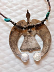 Southwestern Silver  Vintage Turquoise   Coral Bird   Beaded Necklace