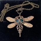 Vintage Necklace Art Nouveau Dragonfly Brass Pendant Antique Green Rhinestone
