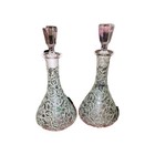 Pair Of Vintage Glass Decanter Bottles With Filigree Overlay Scrollwork 