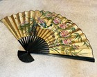 Vtg Xl Hand Painted Gold Bird Flower Oriental Fan Wall Hanging Art Decor 68x39   