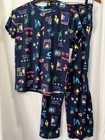 New Joyspun Women Pajama Set Pants W  Pockets Navy Tropical Water Print U Pick