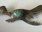 Vintage 1960   s Native American Sterling Silver Turquoise Roadrunner Pin