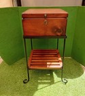 Vtg Wooden Sewing Cabinet On Wrought Iron Stand  Side Table  Storage Case