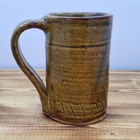 Stoneware Pottery Mug Cup Signed Brown Black Swirl Tall Carved Design 4 5 