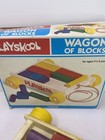 Vintage 1978 Playskool Wooden Blocks  Wagon Pull Toy - Shapes On Wheels In Box