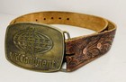 Vintage 1970s Mid Continent Oil Gas Belt Buckle Brass Drill Rig   Tooled Leather