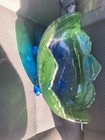 Vintage Blue Green Painted Glass Scalloped Bowl