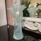 Vintage Light Blue white Swirls Swung Glass Vase Ruffled Opalescent 13  Tall  