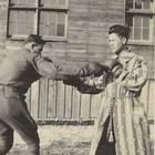 Small Vintage Snapshot Photo Men Boxing One In Robe Gloves Military Uniform