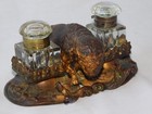 Antique 1800 s Victorian Gilt Bronze Figural Buffalo Pen Crystal Glass Inkwell