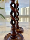 Pair Of Antique English Oak Barley Twist 12    Candlesticks With Brass Candle Cups
