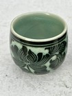 Pair Korean Celadon Crackle Yunomi Cups Floral Medallions Cheongcheon 80s Vtg