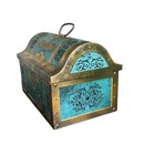 Vintage Metal Treasure Chest Tin Turquoise Gold Embossed Decorative Trunk