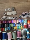 Mixed Lot Of 100  Vtg To Now- Thread  Needles  Metal Bobbins  Pins  Buttons  Etc