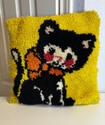 Vintage Handmade Latch Hook Pillow Black Cat Kitten Orange Bow Yellow Retro 70s