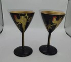 2 Vintage Wooden Black Lacquer Cordial Glasses Occupied Japan Rooster Decorated