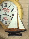Vintage Folk Art Pond Boat Sailboat Model On Stand  Cloth Sails  Brass Brace