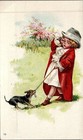 1880s Victorian Girl Men s Blazer   Hat Being Pulled By Dog Trade Card 25-239