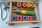 Vintage 1950s Playskool Wooden Pull Toy Wagon Filled W Blocks   Rods 16 Pcs