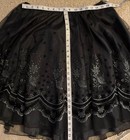 Black Silver Floral Embroidered Tulle Mesh Midi Skirt Scalloped Hem Xl