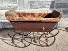 Antique Victorian Doll Carriage Buggy Cart  Wood W  Mohair Lining  Spoked Wheels