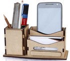   Wooden Brown Color Pen Stand With Card Holder 175gm I075