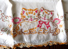 Vtg Kitty Cats Pillowcases 2 Hand Embroidered Scalloped Crochet Trim Orange