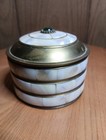 Vtg  Mother Of Pearl Mosaic   Brass Trinket Jewelry Box With Green Jewel 