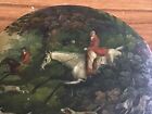 Lacquered Papier Mache Circular Snuff Box 9cm Approx hunting Scene 