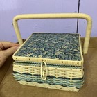Wicker Woven Sewing Box Basket W  Notions  Thread  Needles- Vintage Tapestry Lid