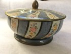 Vintage Decorative Blue Gold Stripe Floral Tin Container With Lid