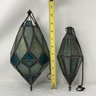 2 Vtg Moroccan Style Blue Stained Glass Hanging Lantern W  Chain Dragon Egg Lamp