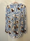 Jane   Delancey Top Cat Print Women Button Up Shirt Blouse Blue White Roll Sz Lg