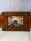 Rustic Vintage Covered Bridge Painting Carved Wood Frame Fall Scene Reflective