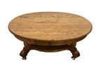 Oval Coffee Table Tiger Oak  Center Drawer  Shelf  Empire Style  Caster Wheels