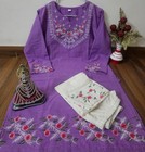 Indain Women Cotton Kurti Palazzo Set Embroidered Wark Lavender Ethnic Wear